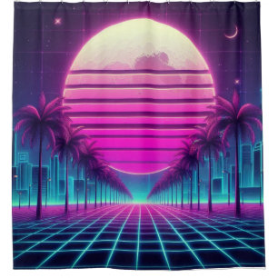 retro, 80s neon moon/palms shower curtain