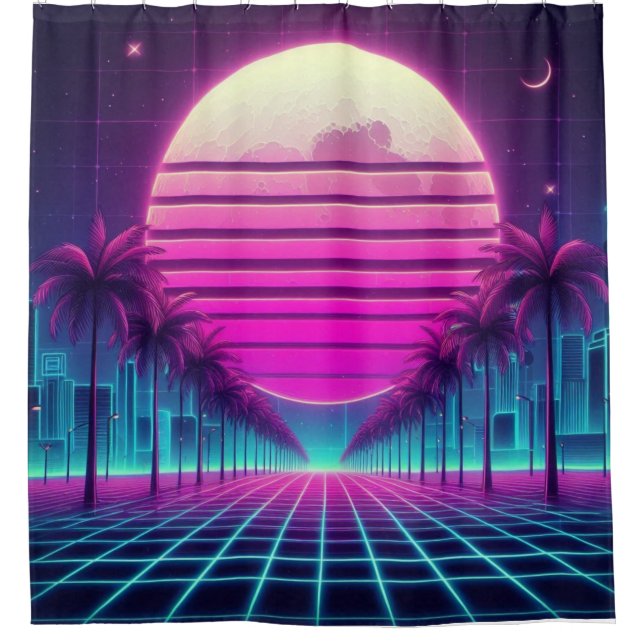 retro, 80s neon moon/palms shower curtain (Front)