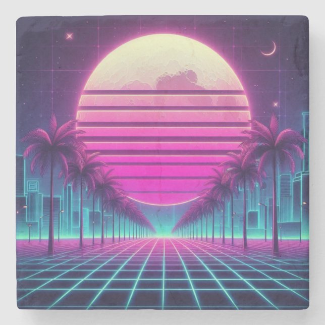 retro, 80s neon moon/palms stone coaster (Front)