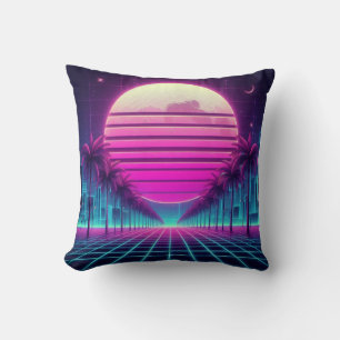 retro, 80s neon moon/palms/sunset cushion