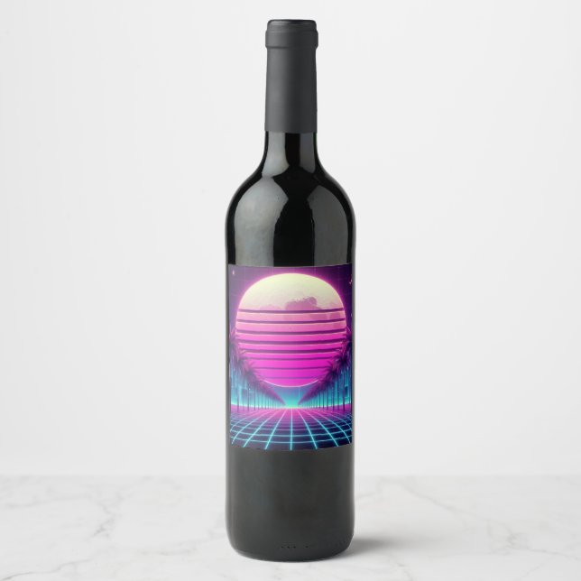 retro, 80s neon moon/palms wine label (Front)