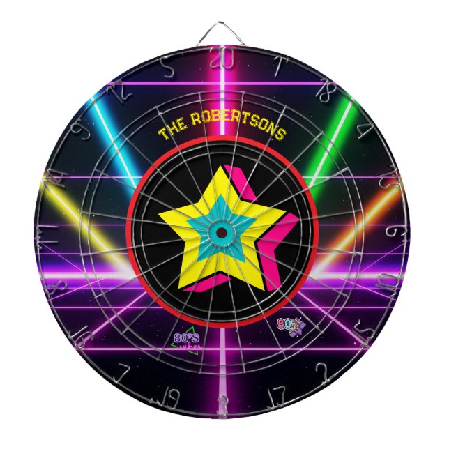 Retro 80's Neon Party Vibes Family Name  Dartboard (Front)