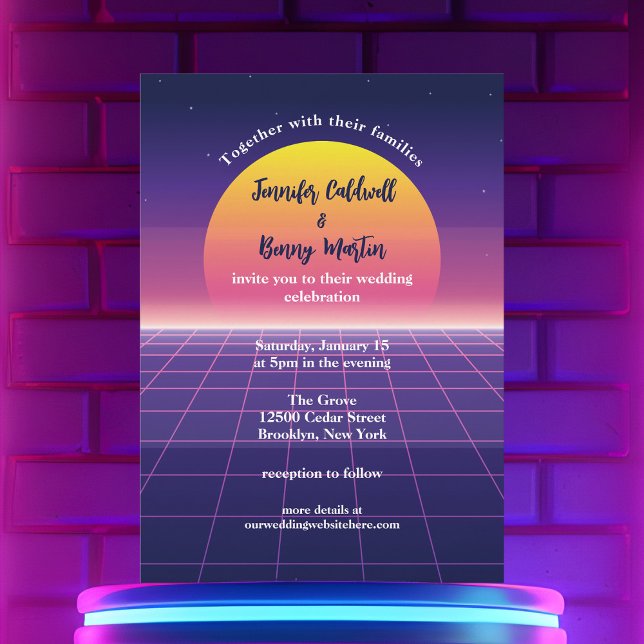 Retro 80s Neon Purple Synthwave Sunset Wedding Invitation (Creator Uploaded)