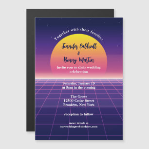 Retro 80s Neon Purple Synthwave Sunset Wedding Magnetic Invitation