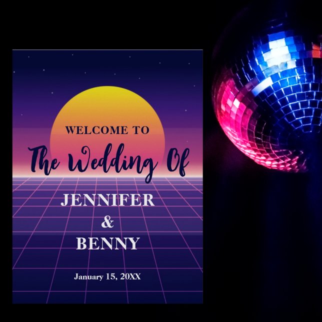 Retro 80s Neon Purple Synthwave Sunset Wedding Poster (Creator Uploaded)