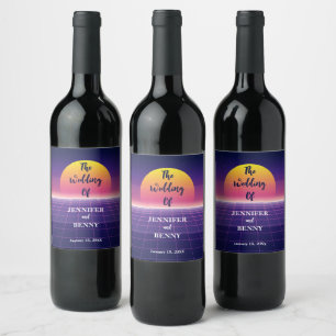 Retro 80s Neon Purple Synthwave Sunset Wedding Wine Label