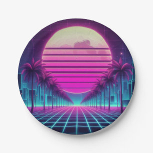 retro, 80s neon sun & palms paper plate