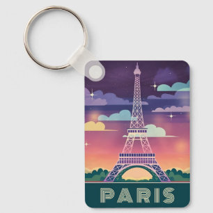 Retro 80s Neon Synthwave Eiffel Tower Paris France Key Ring
