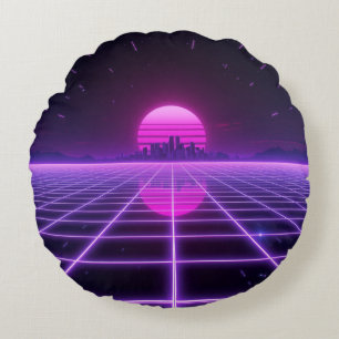Retro 80s Neon Synthwave Grid Round Cushion