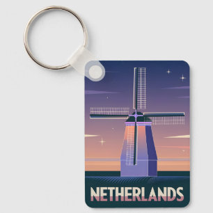 Retro 80s Neon Vaporwave Netherlands Windmill Key Ring
