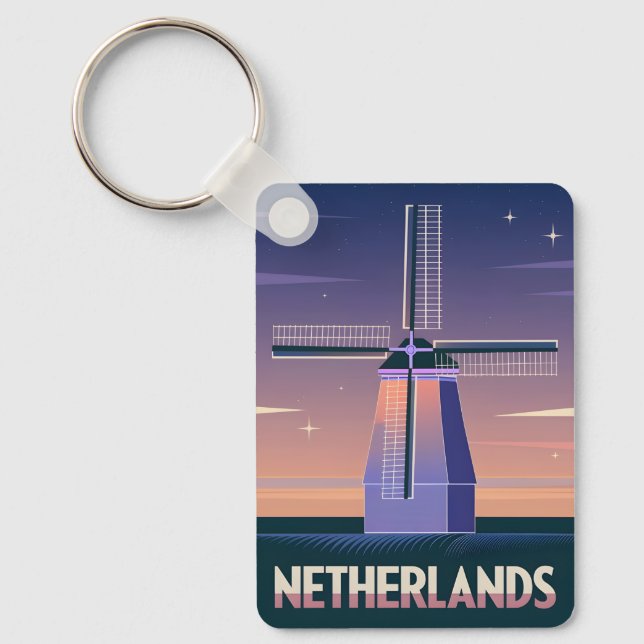 Retro 80s Neon Vaporwave Netherlands Windmill Key Ring (Front)
