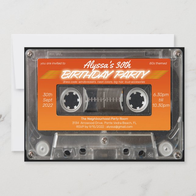 Retro 80s Orange Mixtape Cassette Party Invitation (Front)