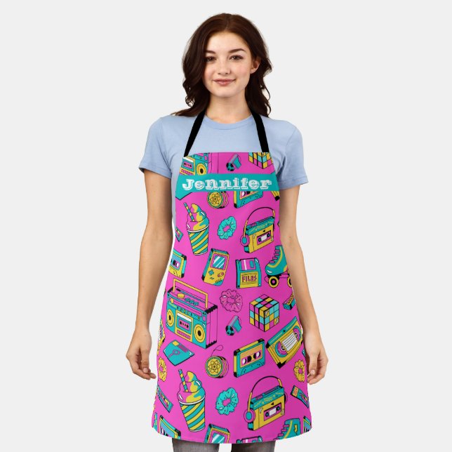 Retro 80s Party Fun Bright Colourful Neon Pink Nam Apron (Worn)