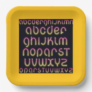 Retro 80s Pink and Yellow Glowing Neon Alphabet Paper Plate