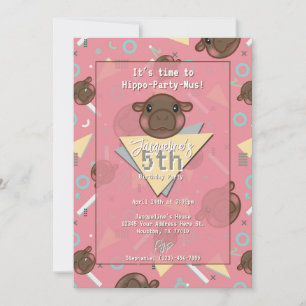 Retro 80's Pink Baby Hippo Birthday Invitation