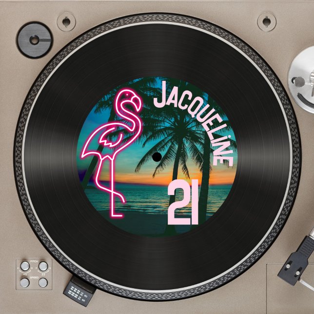 Retro 80s Record Neon Flamingo 21st Birthday Invitation (Creator Uploaded)