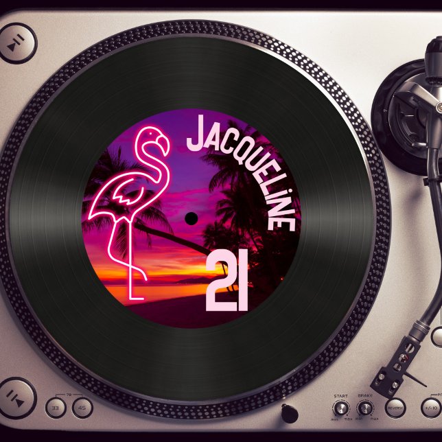 Retro 80s Record Tropical Neon 21st Birthday Invitation (Creator Uploaded)