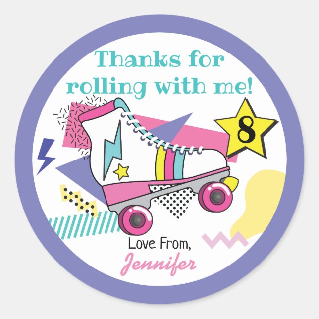 Retro 80's Skate Party Birthday Thank you Classic Round Sticker (Front)