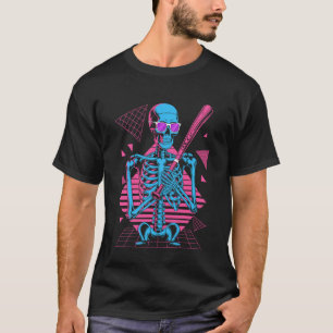 Retro 80s Skeleton Baseball Graphic Halloween T-Shirt