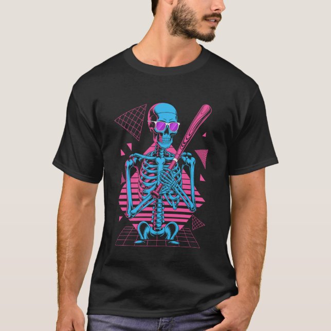 Retro 80s Skeleton Baseball Graphic Halloween T-Shirt (Front)