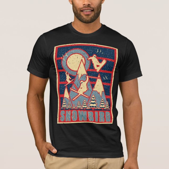 Retro 80s Snowbird Mountain Ski Adventure T-Shirt (Front)