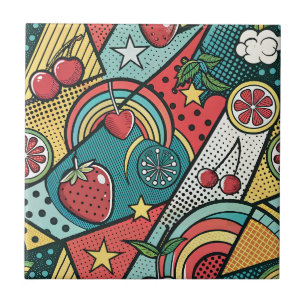 Retro 80s Strawberry Pop Art Comic Book Pattern Ceramic Tile