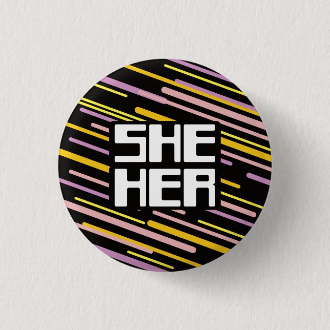 Retro 80s Stripes She/Her Pronouns  3 Cm Round Badge (Front)