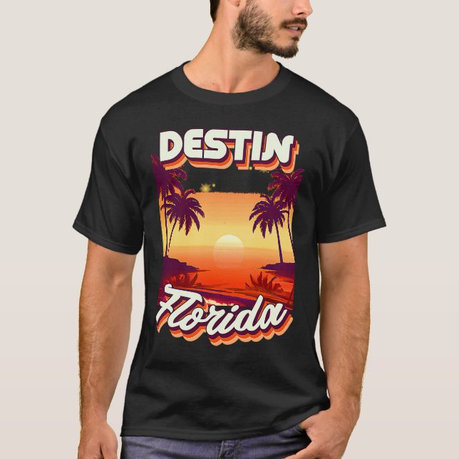 Retro 80's Style Destin Florida Palm Tree Surf T-Shirt (Front)