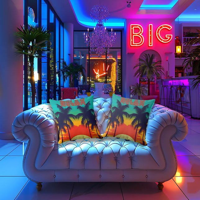 Retro 80s Style Tropical Decorative  Cushion (Stylish "RELAX" 80s Retro Throw Pillows )