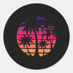 Retro 80s Sunset Palm Tree Beach Vacation Art Classic Round Sticker