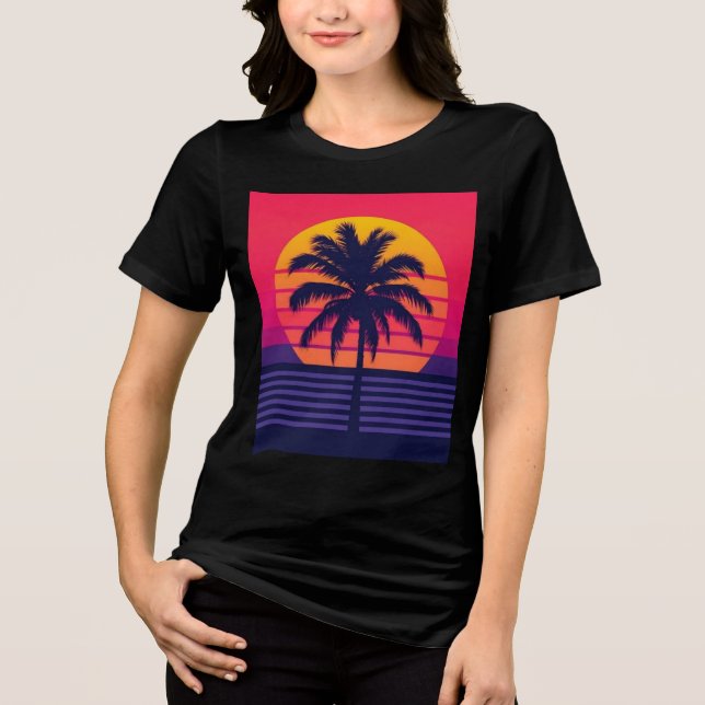 Retro 80s Sunset Palm Tree Synthwave Art Tri-Blend Shirt (Front)