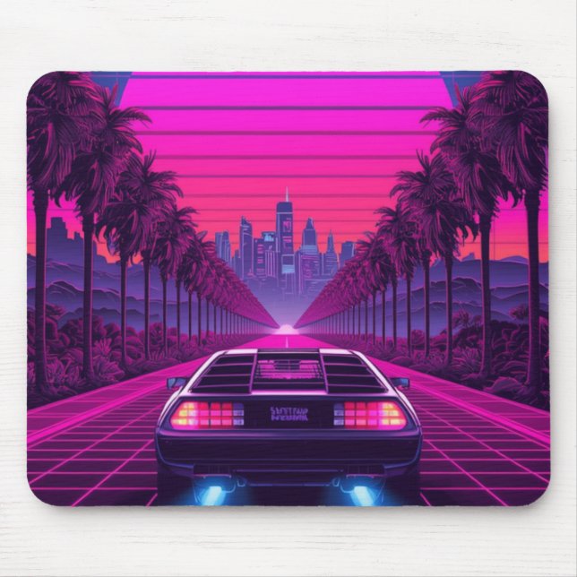 Retro 80s Synthwave Neon Car Desk Mat & Mousepad (Front)