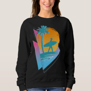 Retro 80s Synthwave Surfing Surfer Palm Trees Vapo Sweatshirt