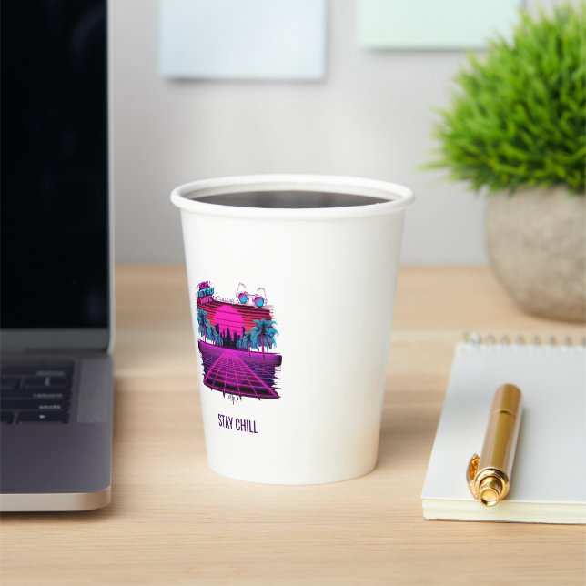 Retro 80s Synthwave Vaporwave Neon Grid Landscape Paper Cups (Insitu)