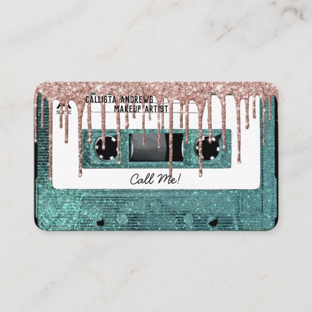 Retro 80's Teal Glitter Drip Cassette Tape Mixtape Business Card (Front)