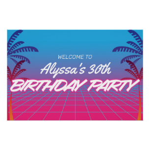 Retro 80s Themed Neon Pink Blue Birthday Party Ban Poster