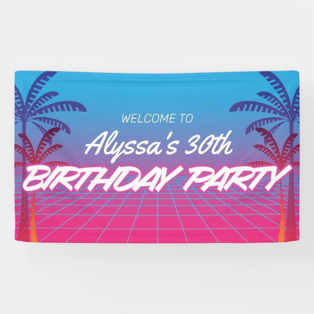 Retro 80s Themed Neon Pink Blue Birthday Party Banner (Horizontal)