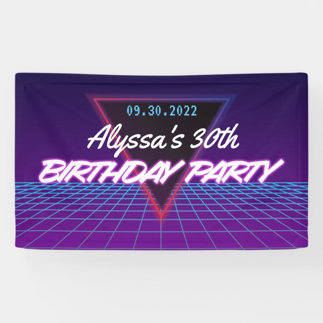 Retro 80s Themed Neon Purple Pink Birthday Party Banner (Horizontal)