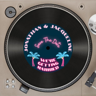 Retro 80s Tropical Neon Vinyl Record Save The Date Invitation