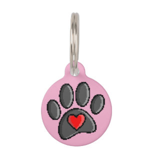 Retro 80s Video Game 8 Bit Pixel Art Dog Paw Print Pet Tag
