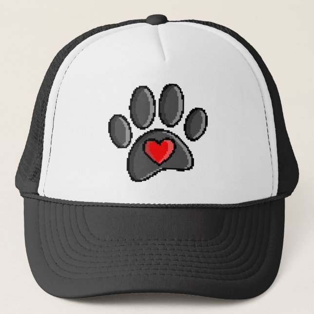 Retro 80s Video Game 8 Bit Pixel Art Dog Paw Trucker Hat (Front)