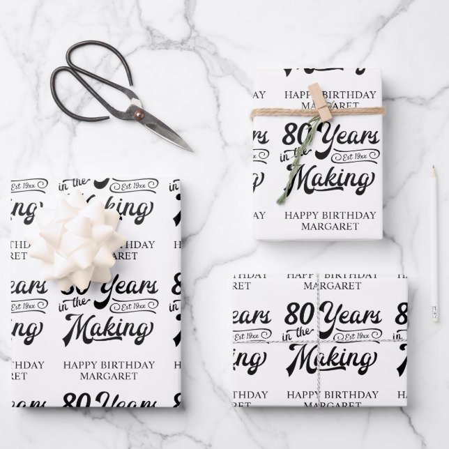 Retro 80th or Any Birthday Custom Colour and Text Wrapping Paper Sheet (Front)