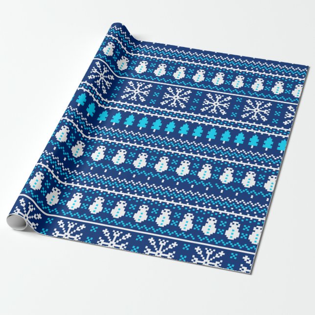 Retro 8 Bit Snowman Snowflake Wrapping Paper (Unrolled)