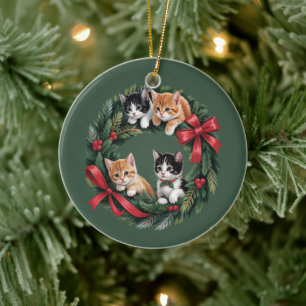 Retro 90s Cat Christmas Wreath Retro Cats Lover Ceramic Ornament