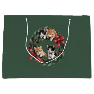 Retro 90s Cat Christmas Wreath Retro Cats Lover Large Gift Bag