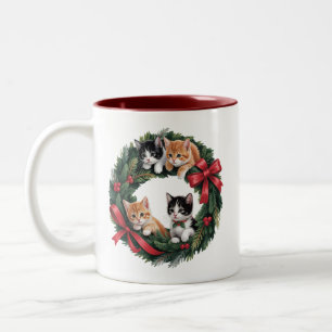 Retro 90s Cat Christmas Wreath Retro Cats Lover Two-Tone Coffee Mug