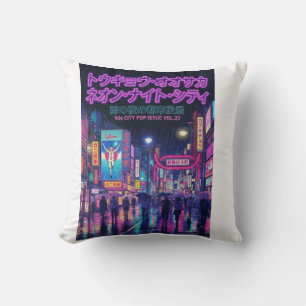 Retro 90s City Pop Night: Neon Tokyo & Osaka Rain Cushion