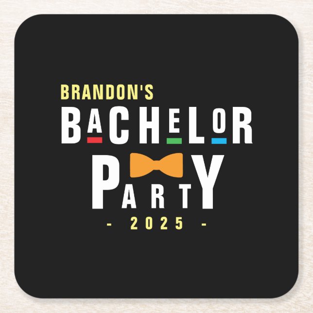 Retro 90s Colourful Bowtie Bachelor Party Black Square Paper Coaster (Front)