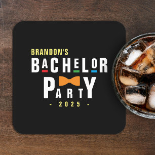 Retro 90s Colourful Bowtie Bachelor Party Black Square Paper Coaster