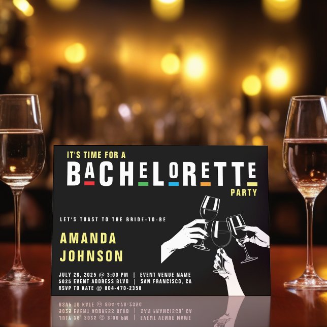 Retro 90s Colourful Cheers Bachelorette Party Blac Invitation (Creator Uploaded)